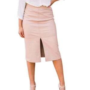 Allie Rose Faux Leather Pencil Skirt Women Size L Beige Midi‎ Career Work